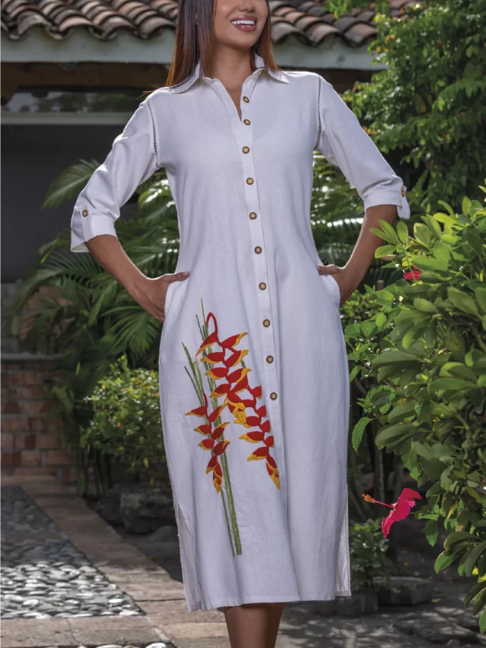 Caftán Blanco Bordado Heliconia Dorada